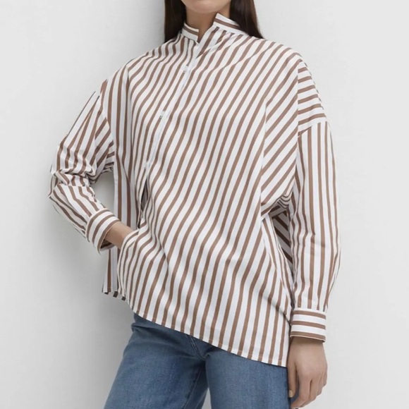 Totême Noma Asymmetric Striped Cotton Poplin Shirt in Rust Stripe